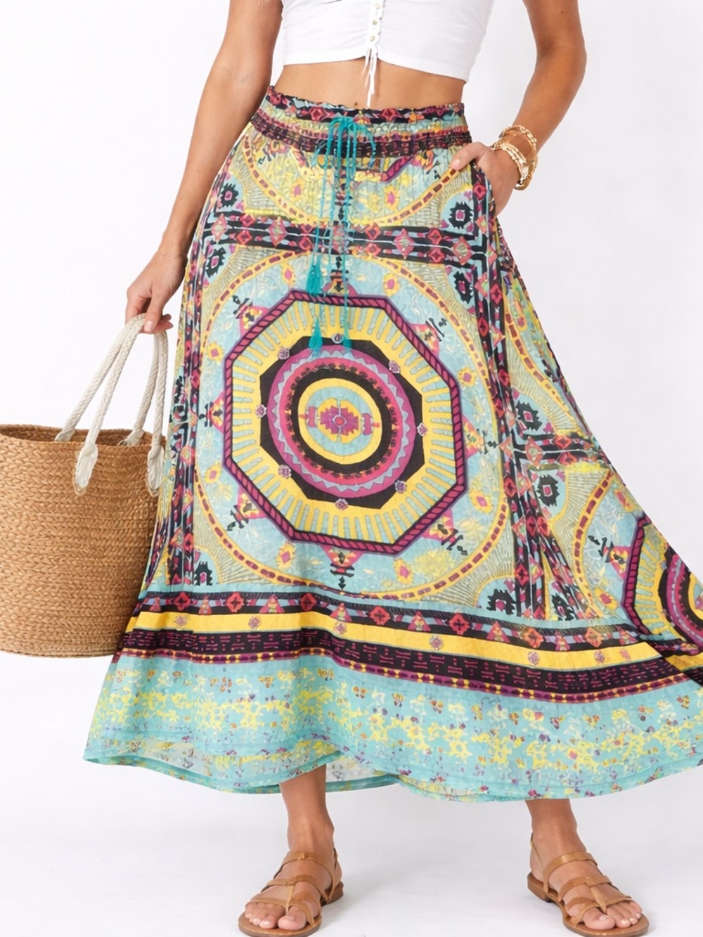 Mix Nouveau Boho Festival Maxi Skirt M Geometric Print Rayon Drawstring